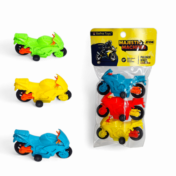 Pullback Bike Set – Majestic Machines by Bafna Toys, pack of 3 colorful plastic super bike toys