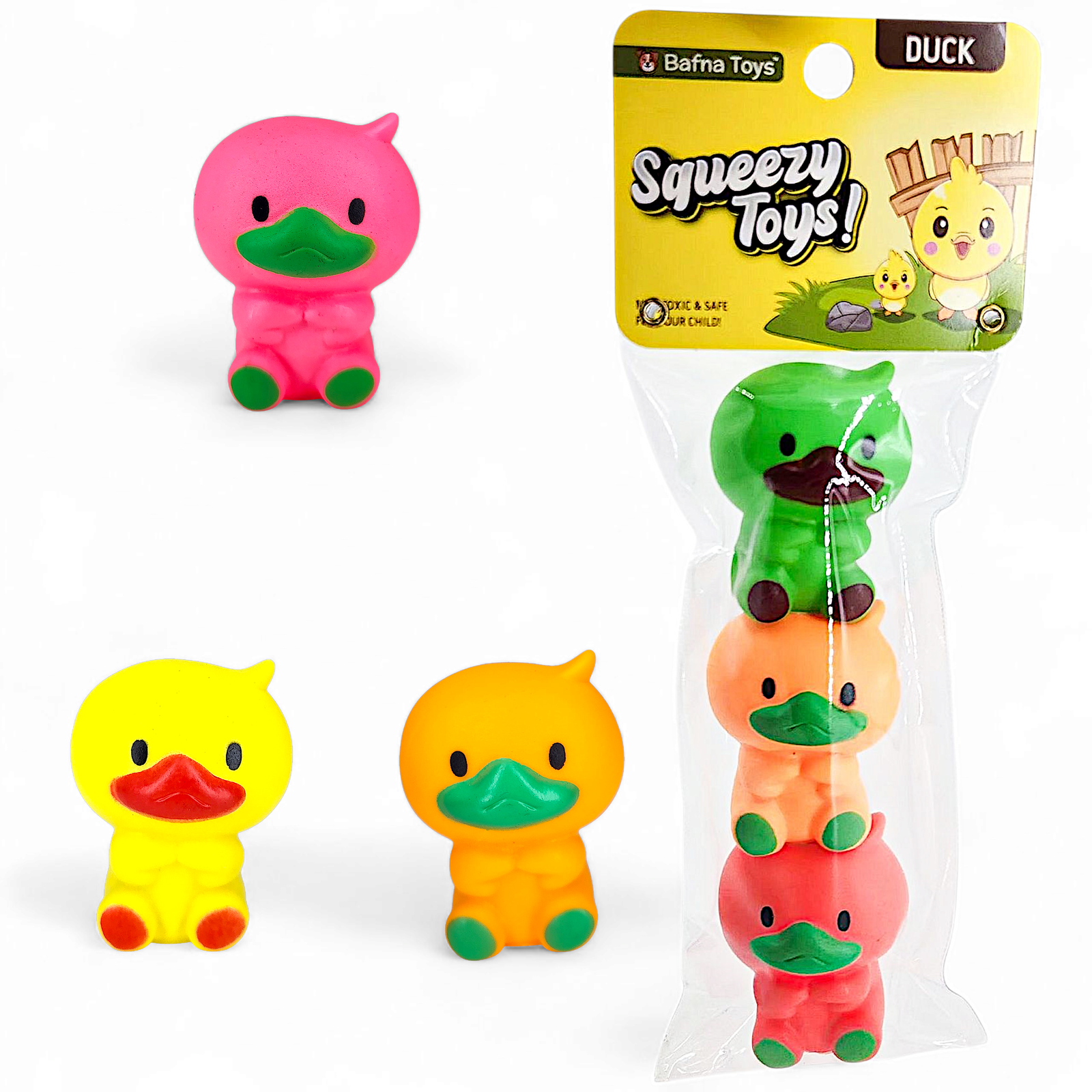 Colorful duck squeezy toys for kids in multiple bright colors by Bafna Toys – safe, soft, and fun.