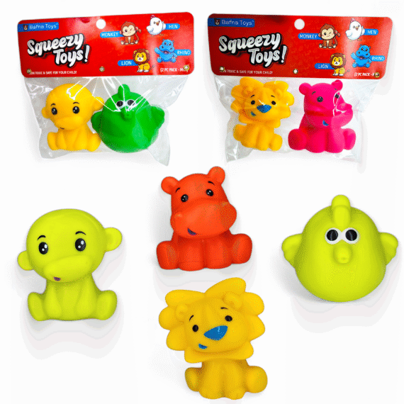 Jungle Animal Squeezy Toys Family Pack - 6 soft rubber sensory toys for kids with storage pouch