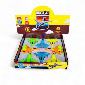Colorful friction-powered fighter jet toy set for kids with 8 mini jets in green, yellow, orange, and blue – push-and-go action, no batteries needed