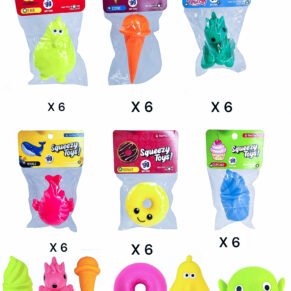 Colorful Squeezy Toys Wholesale Set of 6 shapes – pear, cone, unicorn, whale, donut, cupcake – from Bafna Toys