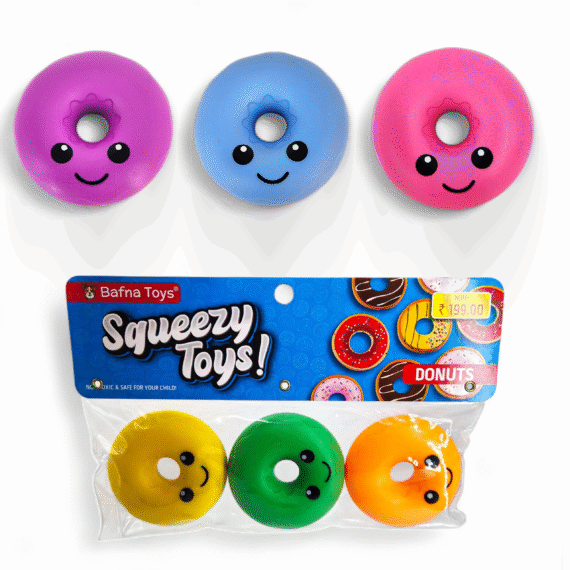 ack of 3 colorful donut squeezy toys for kids by Bafna Toys