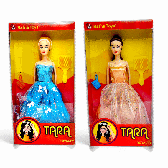 Tara Royalty Dolls in princess gowns with hair brush and bag accessories inside red packaging – Bafna Toys