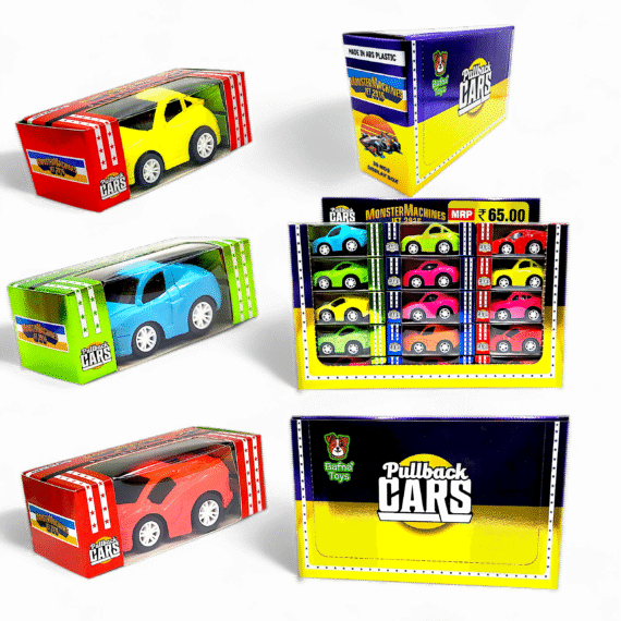 Monster Machine Pull Back Cars in assorted colors with display packaging from Bafna Toys